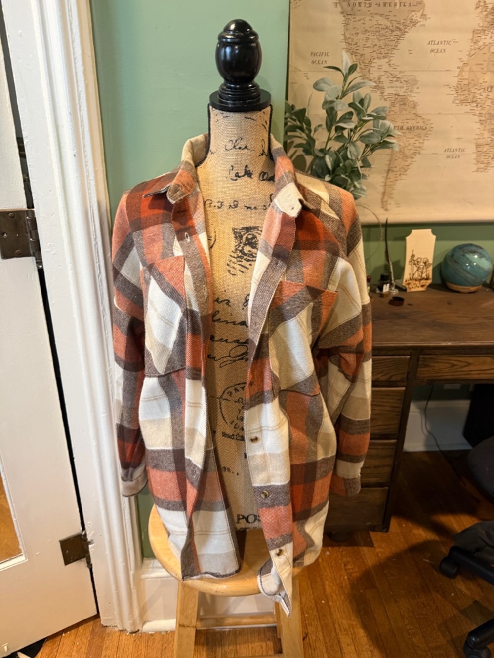 Ci Sono Rust, Cream and Brown Plaid Button-Down Shirt Jacket